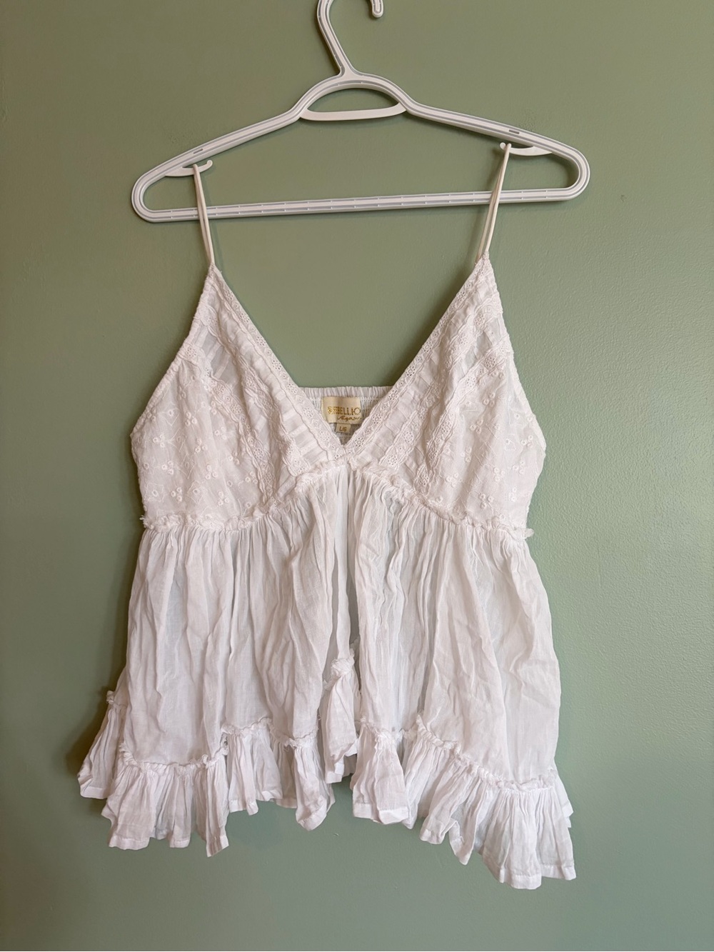 Rebellion Again White 100% Cotton Babydoll Cami Top Ruffle Peplum Eyelet Boho L